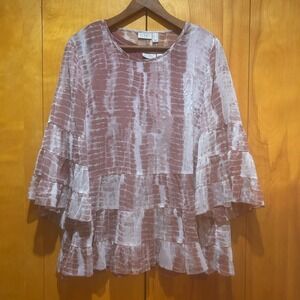 LOGO Lori Goldstein Blouse Size M Rose Cream Print Ruffle Sleeve Hem Boho Hippie